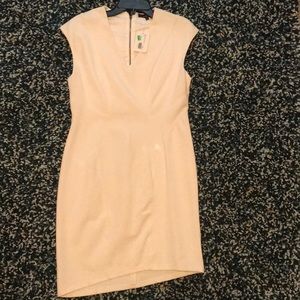 White, fitted V neck dress